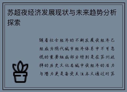 苏超夜经济发展现状与未来趋势分析探索