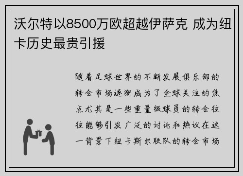 沃尔特以8500万欧超越伊萨克 成为纽卡历史最贵引援