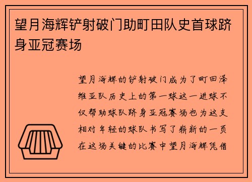 望月海辉铲射破门助町田队史首球跻身亚冠赛场