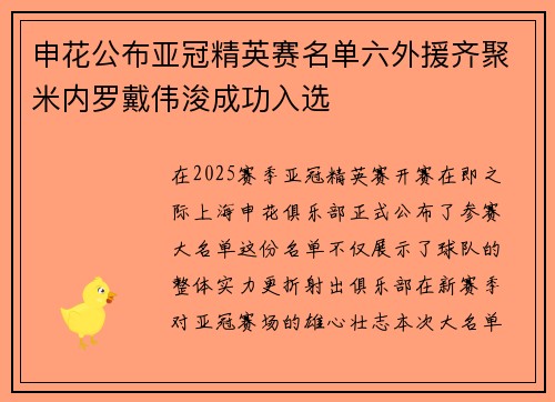 申花公布亚冠精英赛名单六外援齐聚米内罗戴伟浚成功入选