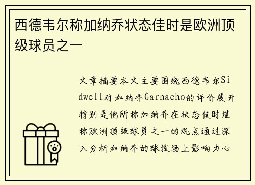 西德韦尔称加纳乔状态佳时是欧洲顶级球员之一